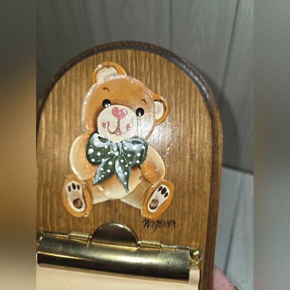 Vtg 80s Wood Bear Hanging Grocery List Pad Holder Hand Painted Memo Message Pad - Picture 2 of 8